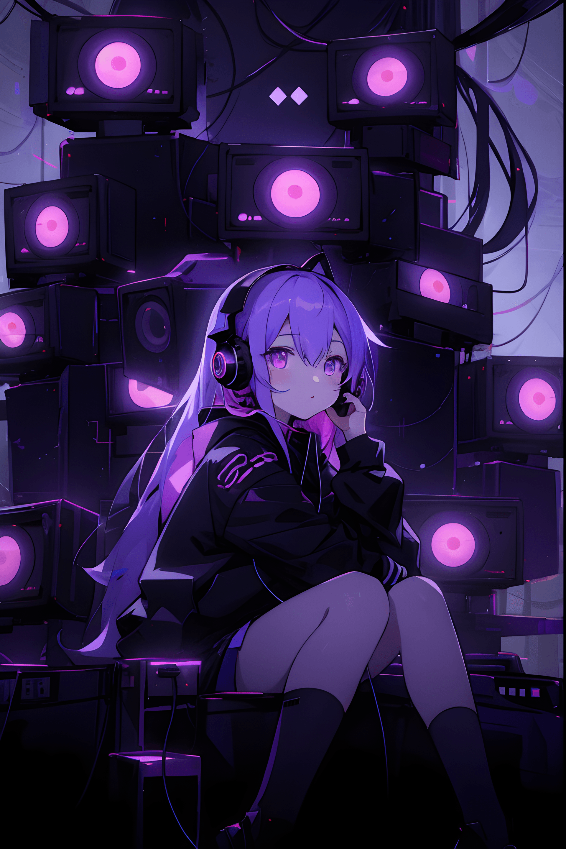 AI generated: a girl sitting in front of a bunch of televisions, pixiv contest winner, digital art, metal ears pur...