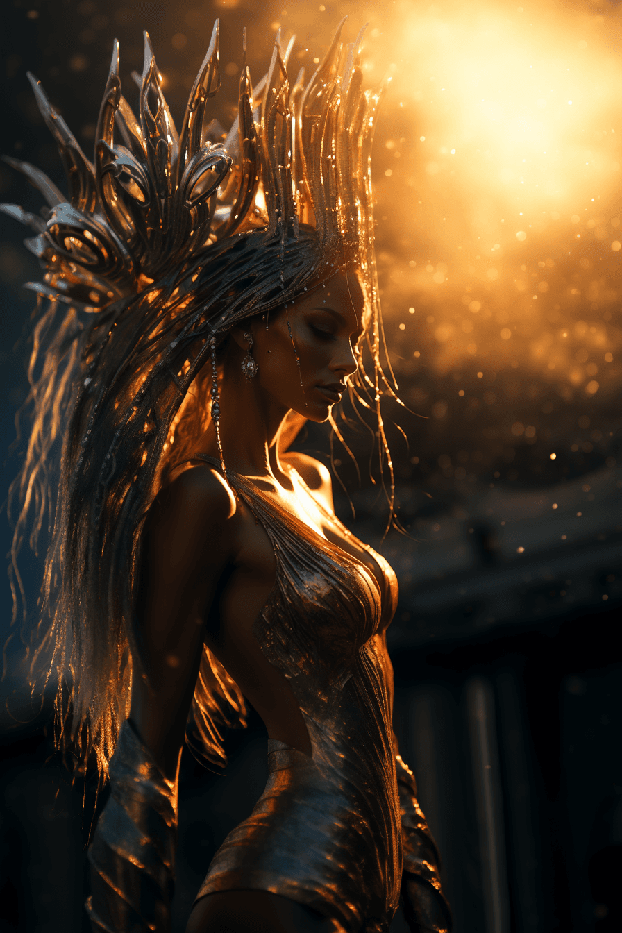 AI generated: full body, Sexy posing, curved body, sun rays, alien looking woman, award winning photo, Close up, i...