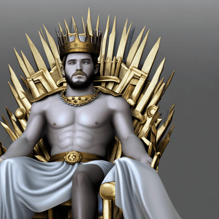 AI generated: King in a T-shirt wearing a crown on the throne from Game of Thrones, hyper realism, high detail,  8...