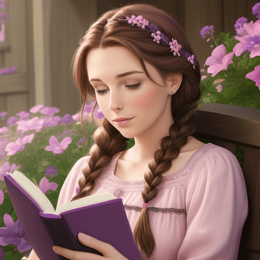 AI generated: woman with brown hair in a braid with pink and purple flowers reading a romance book