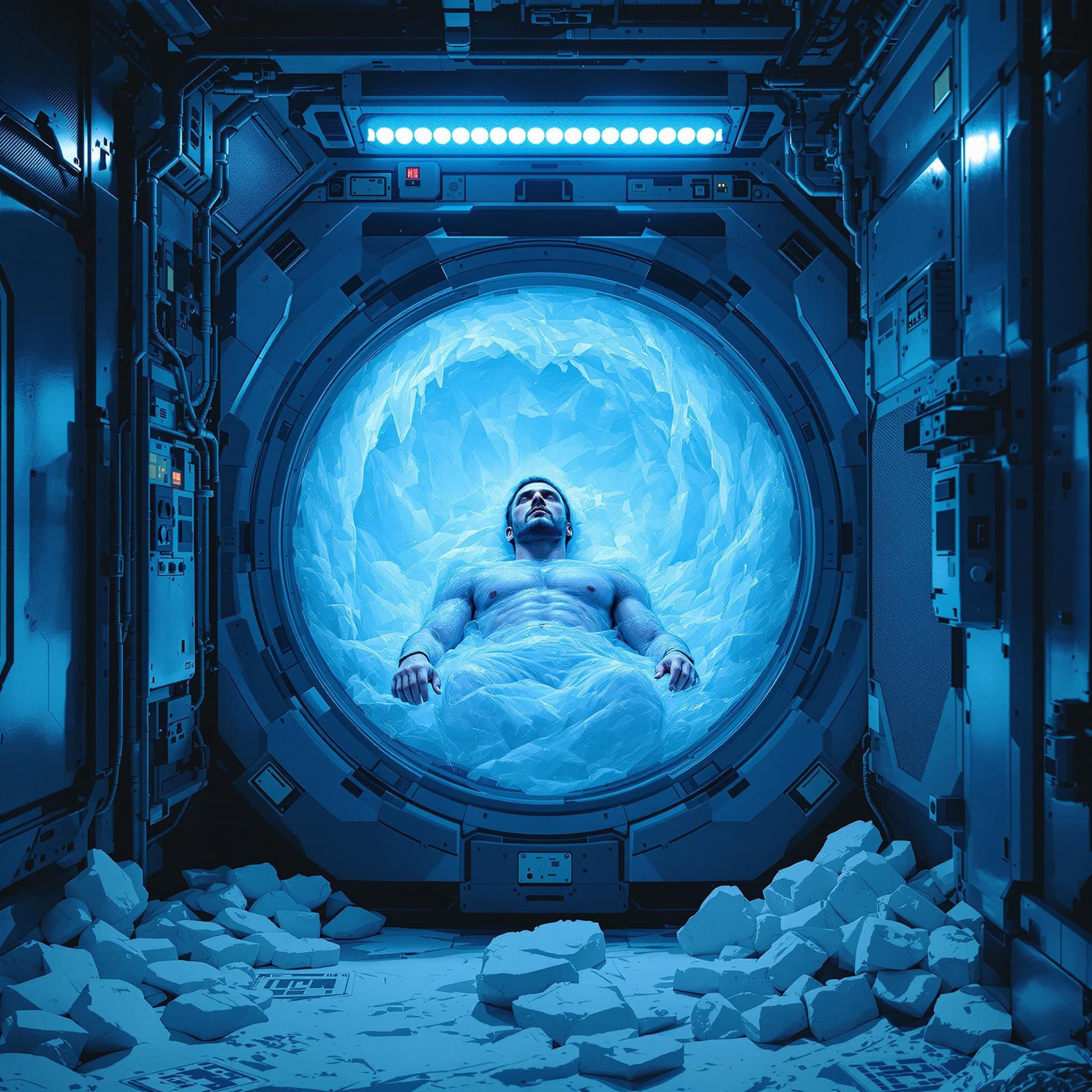 AI generated: A  man, frozen in ice inside an airlock tank, in the middle of a row with other cryo tanks. in a cyb...