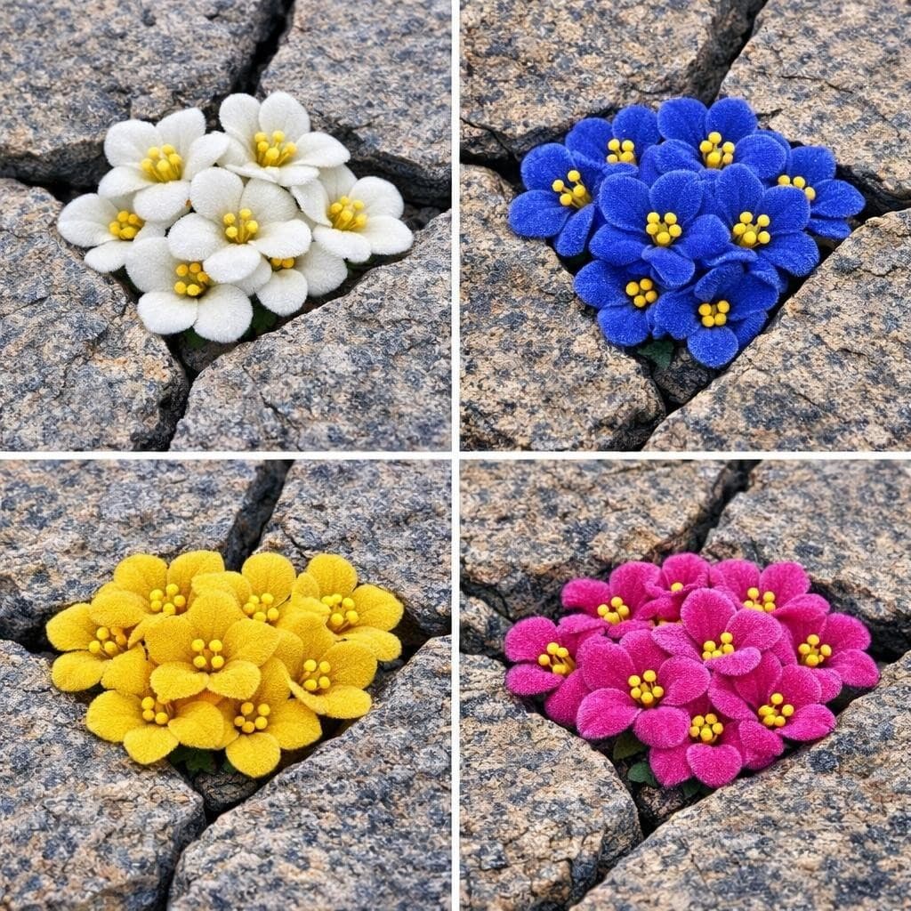 AI generated: Create a that comes in white, blue, yellow or pink flower that grows out of cracks in rocks but bloo...