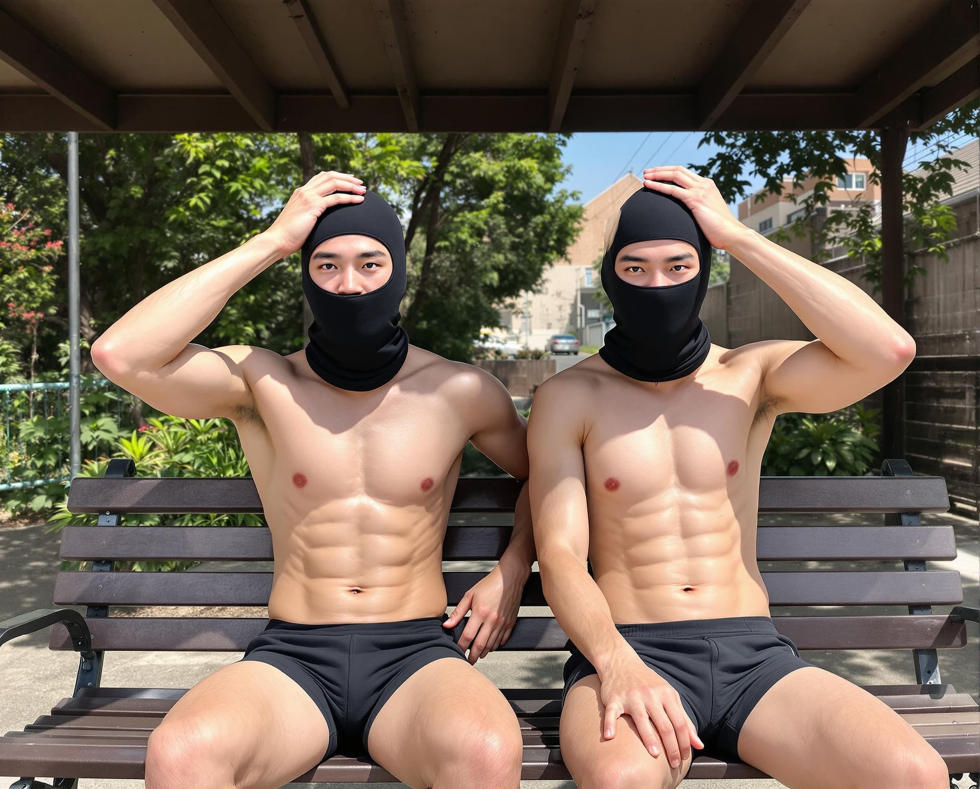 AI generated: Two male Asian born Taiwanese strong swimmers were arrested in day time. They are sitting at an outd...