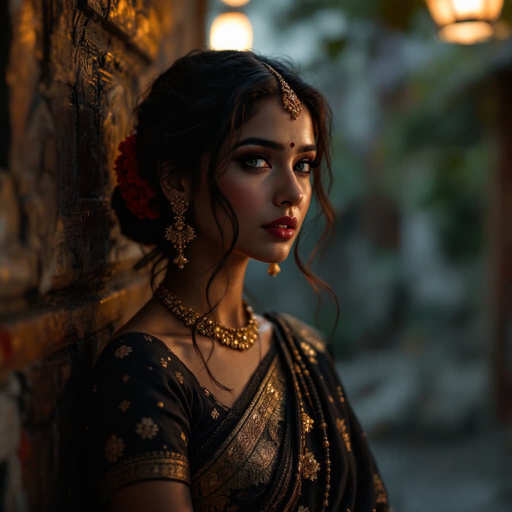 AI generated: Photo of a ultra realistic Indian Wife Wearning Black Hot Saree, dramatic light, pale sunrise, cinem...