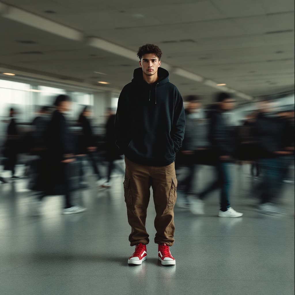 AI generated: editorial photography, front shot, capturing urban hustle with a single focused male model, standing...