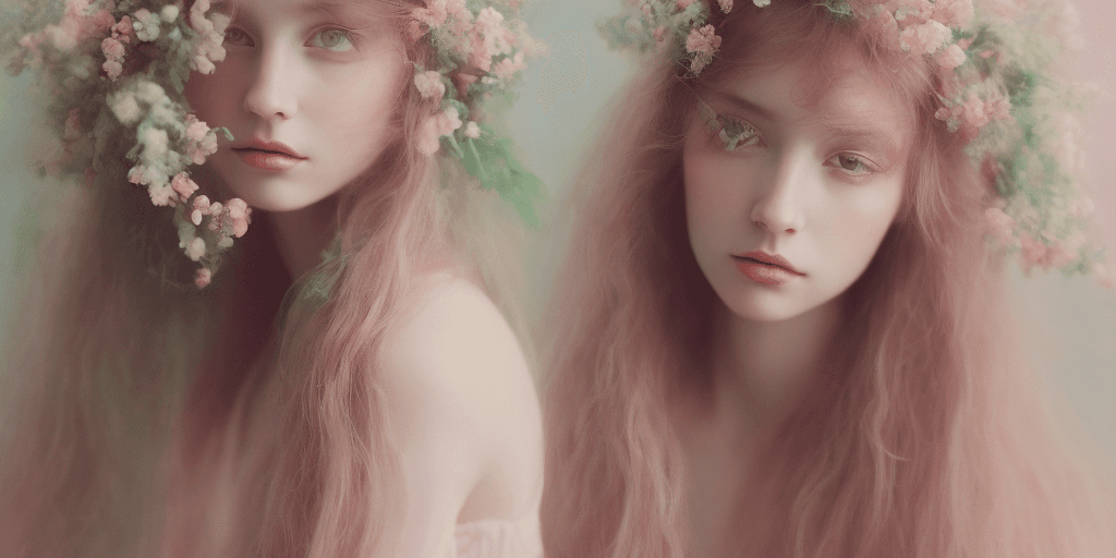 AI generated: Dreamy pastel portrait, female model, long wavy hair, soft gaze, flowery headpiece,
delicate makeup,...