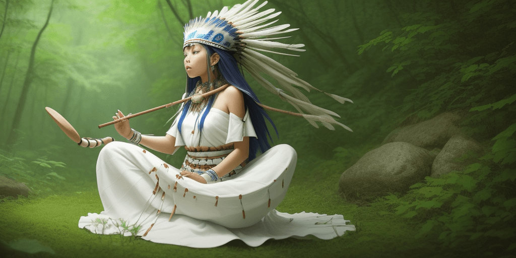 AI generated: Beautiful girl in white dress playing on shaman flute in the nature photo