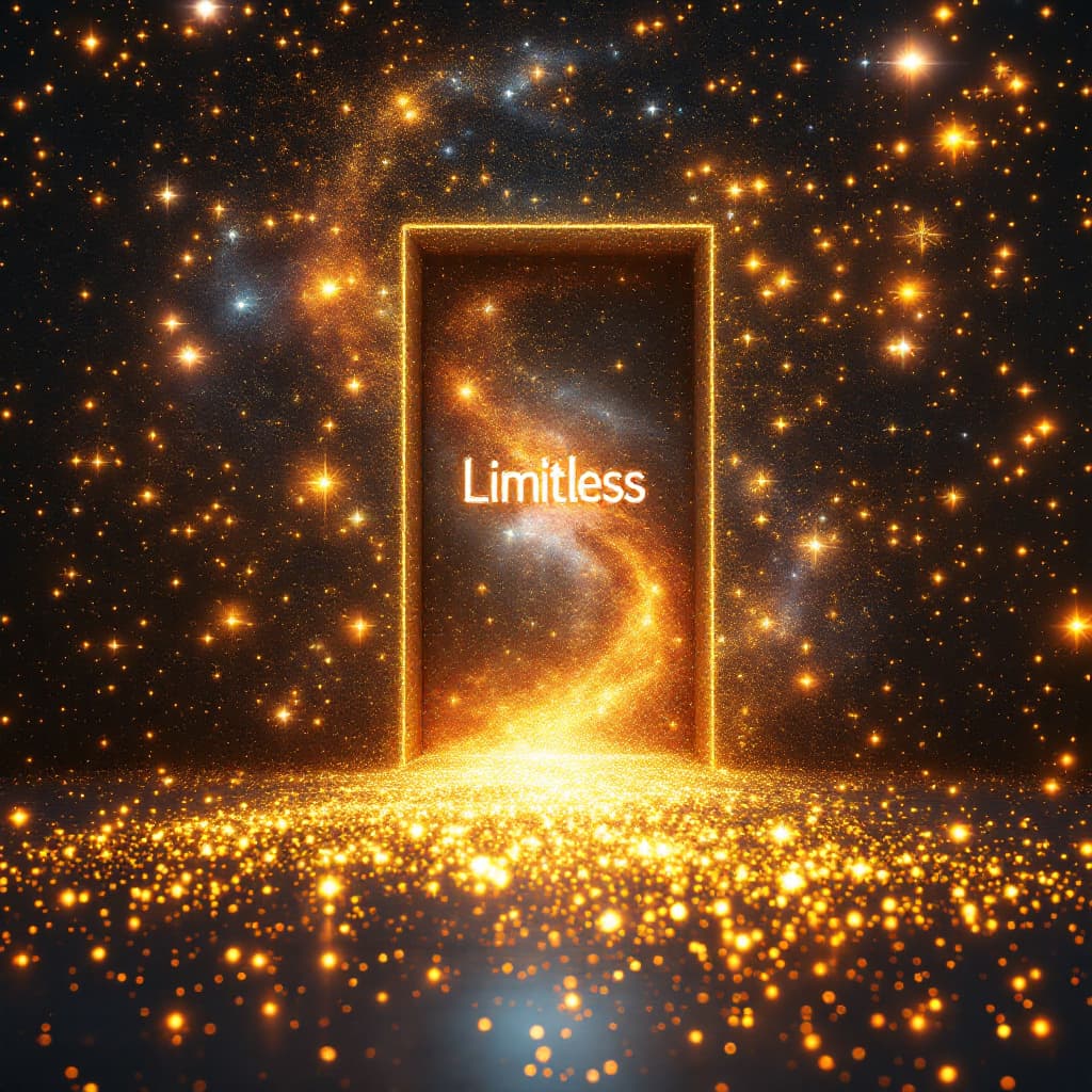 AI generated: A door made of shimmering stars leads into an infinite galaxy where the word "Limitless" is written ...