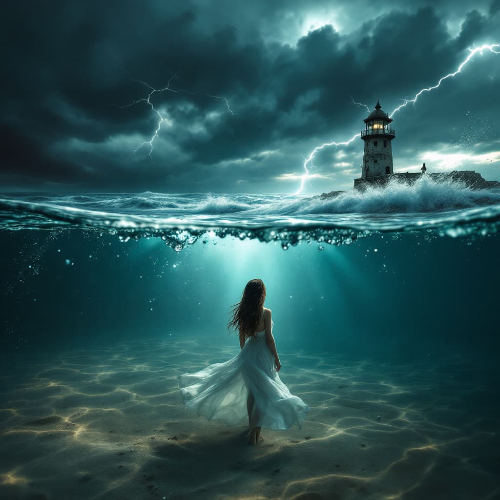 AI generated: A cinematic split-frame composition where the lens is half-submerged underwater. Below the surface, ...