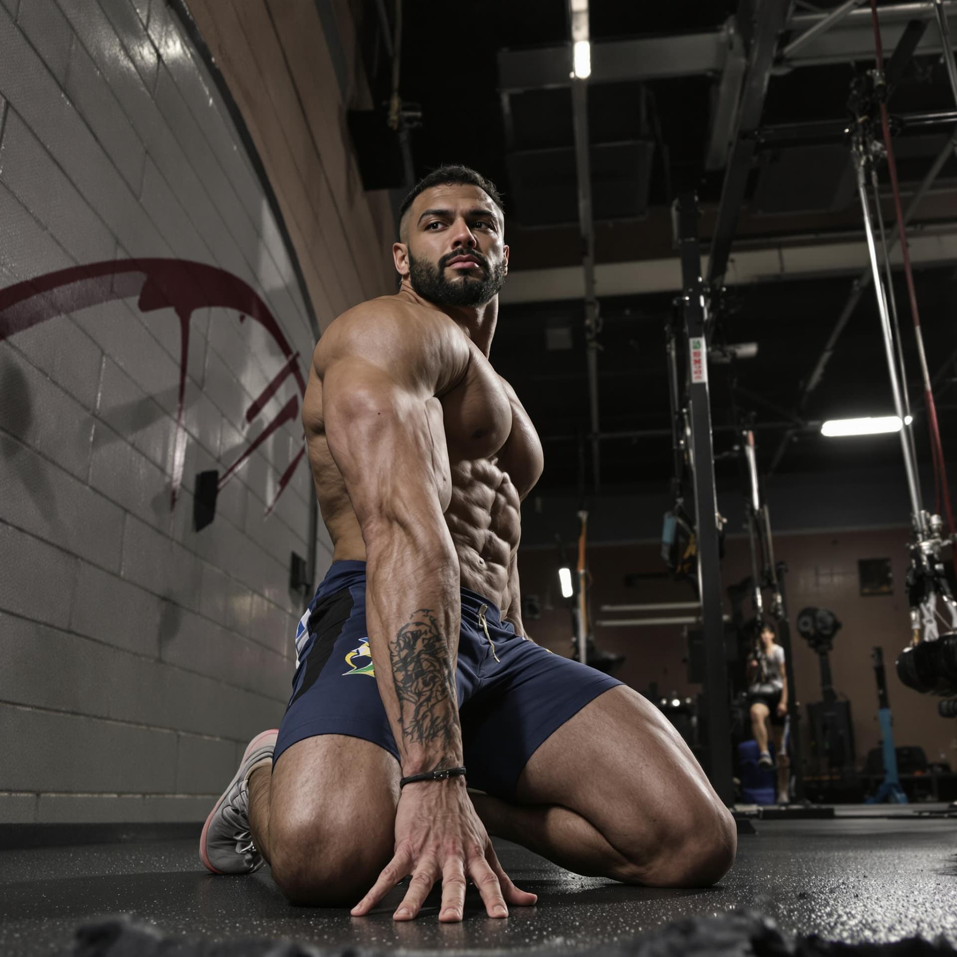 AI generated: low angle view of bodybuilder kneeling in pose while looking at the camera