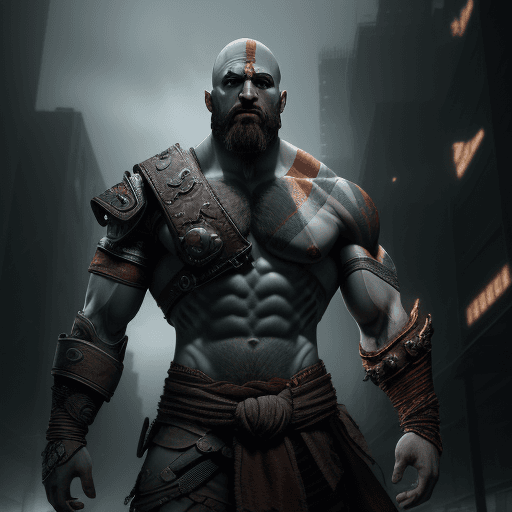 AI generated: Kratos from God of War (2018) as a cyborg :: Cyberpunk Adam Smasher, volumetric fog, perfect composi...