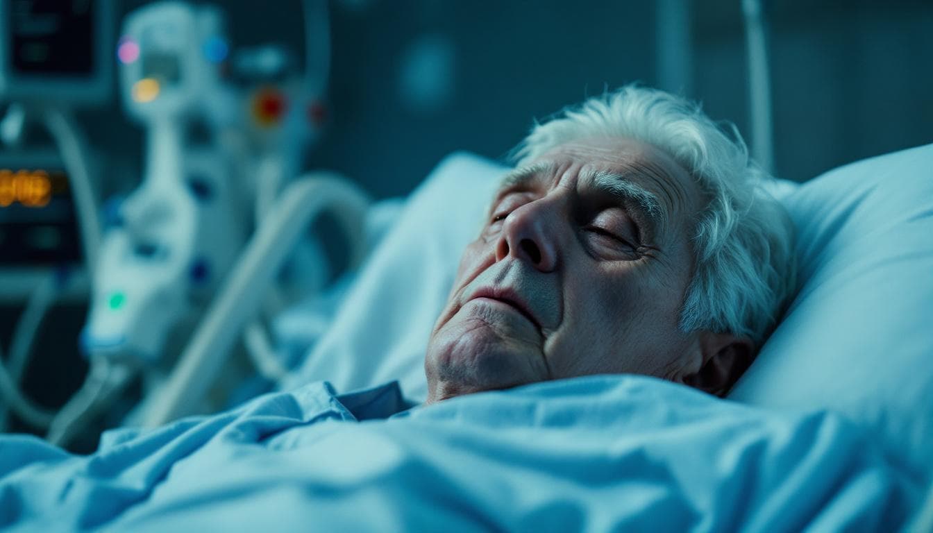 AI generated: Cinematic, ultra-realistic close-up of an old man with white hair lying on a hospital bed, very tire...
