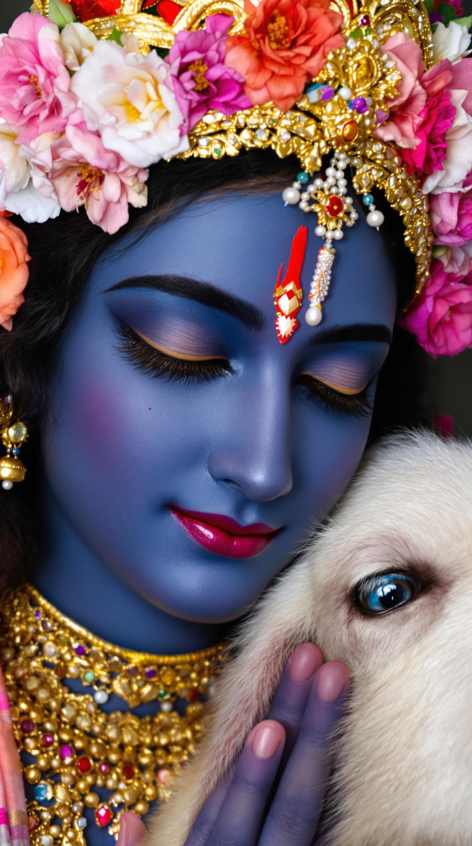 AI generated: Close-up portrait of a young,  Indian-looking individual, likely representing Krishna, with deep blu...