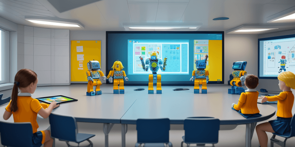 AI generated: in a futuristic classroom ,  kids (LEGO) wearing school uniforms,  working on a tablet computer, doi...