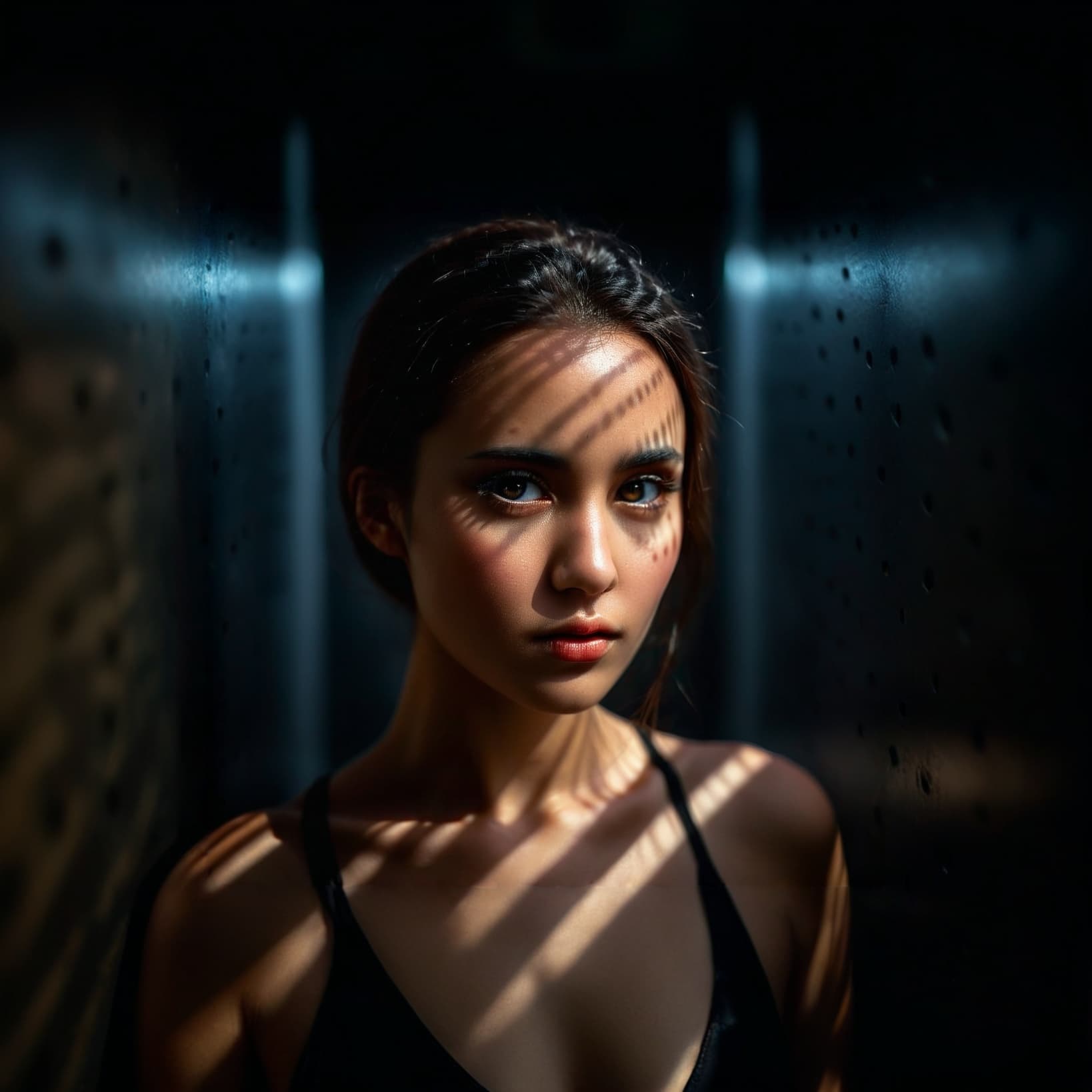 AI generated: cinematic film still of  a woman with a shadow on her face on the side of the  frame with many many ...