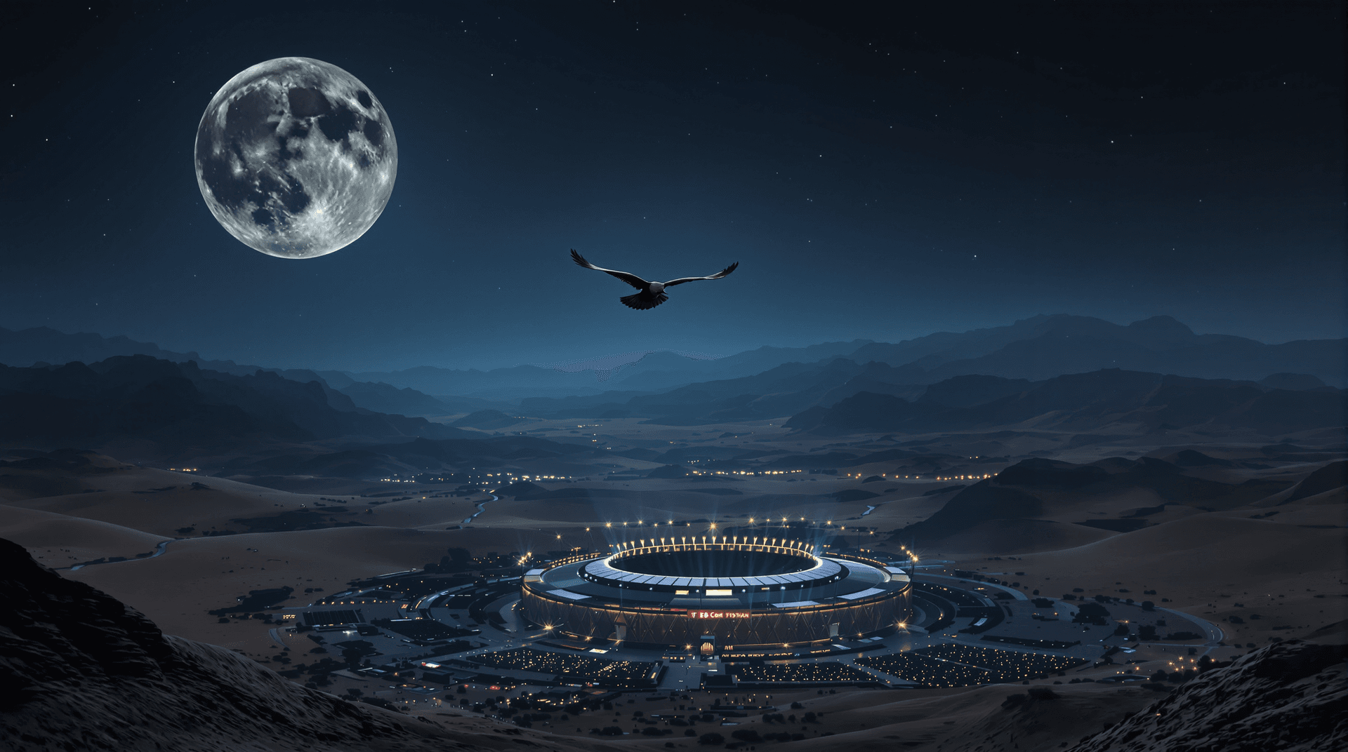 AI generated: Imagine you're a bird hovering over a dessert by night, Lit only by the full moon, below you can see...