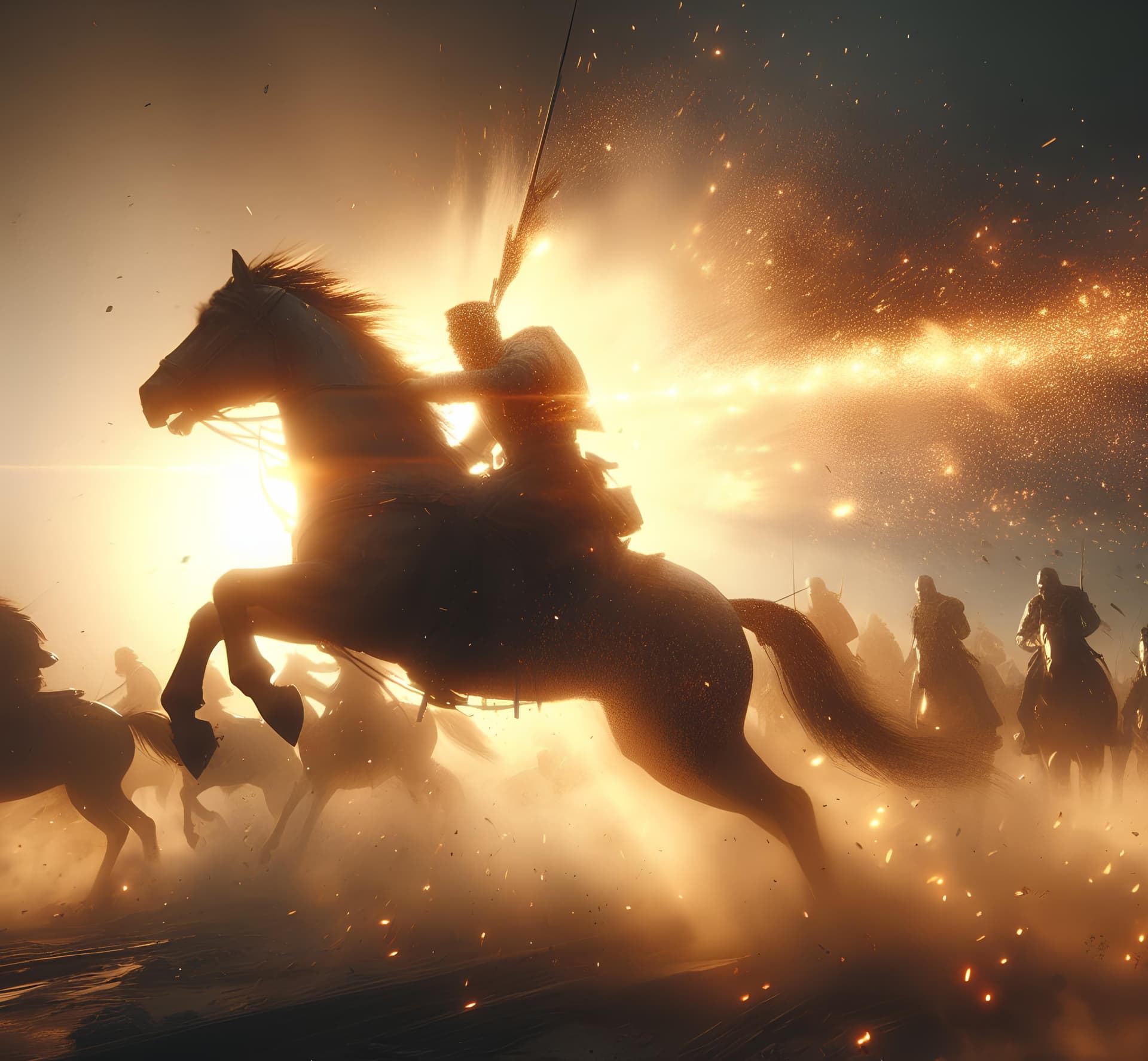 AI generated: a hyper-realistic 3D scene featuring messengers in action at sunrise. Use striking visual effects to...