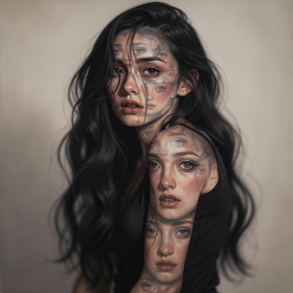 AI generated: a woman with flowing, black hair is posing, in the style of dain yoon, soft edges and blurred detail...