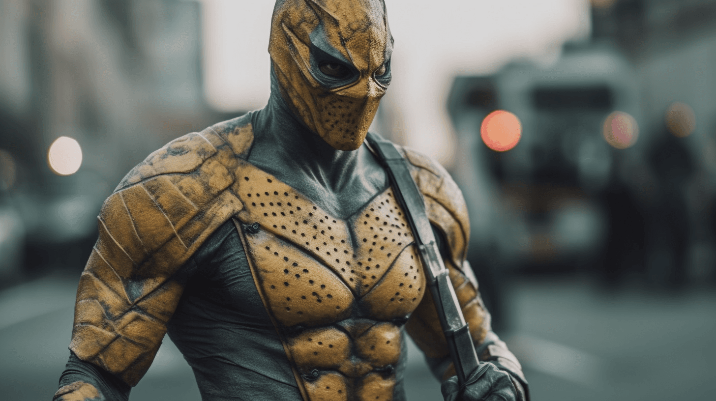 AI generated: a photo of a superhero named Gecko-man,Marvel hero style,grey mask cover all face,yello grey clothin...