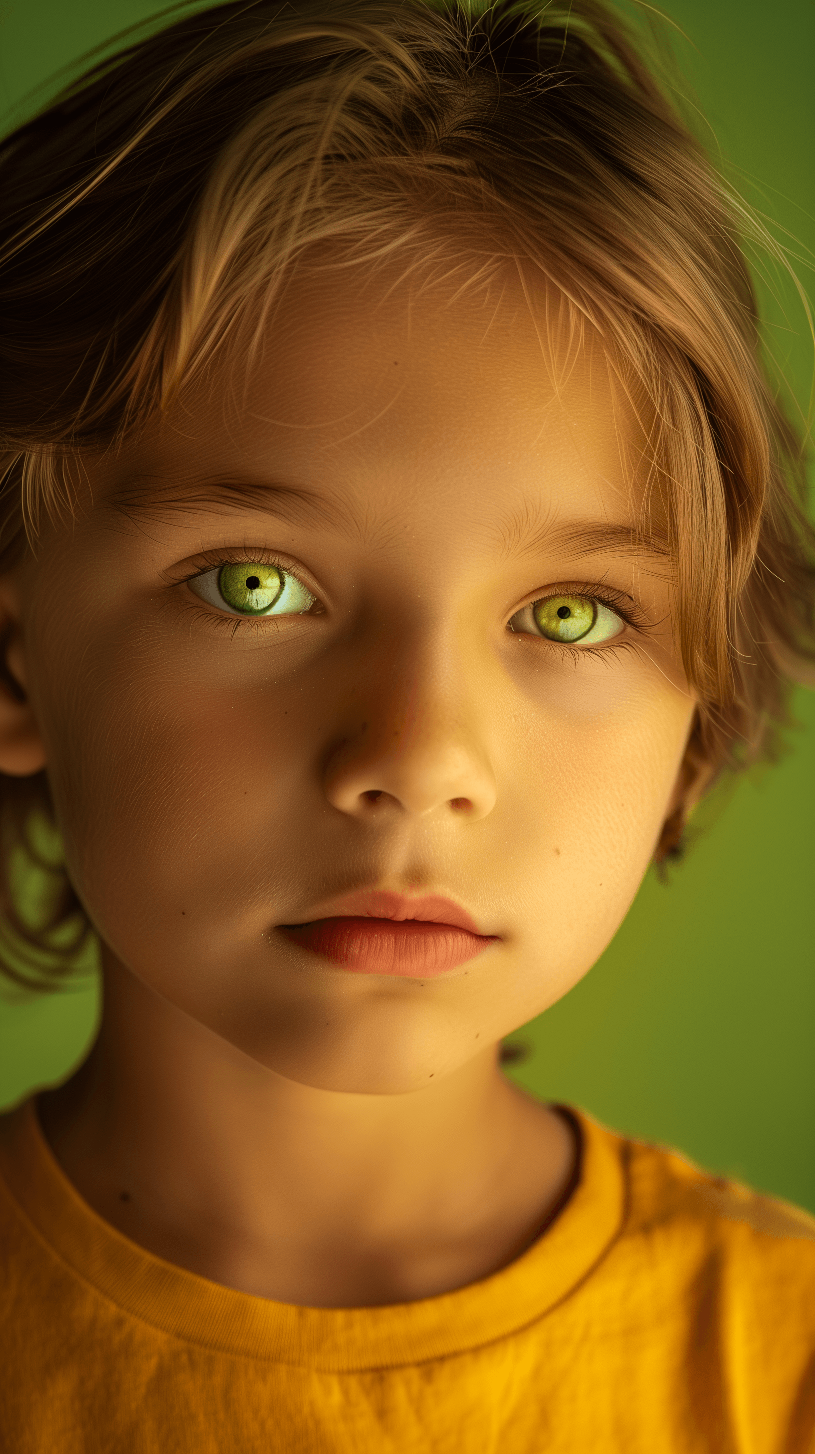 AI generated: photography, front shot, face close-up, boy model, gaze, background is solid green, model's bright l...