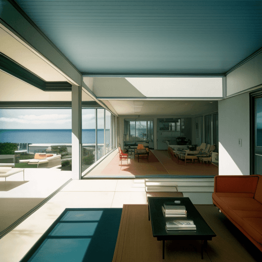 AI generated: Hyper realistic eye level exterior photo of a mid century modern style house overlooking the ocean, ...