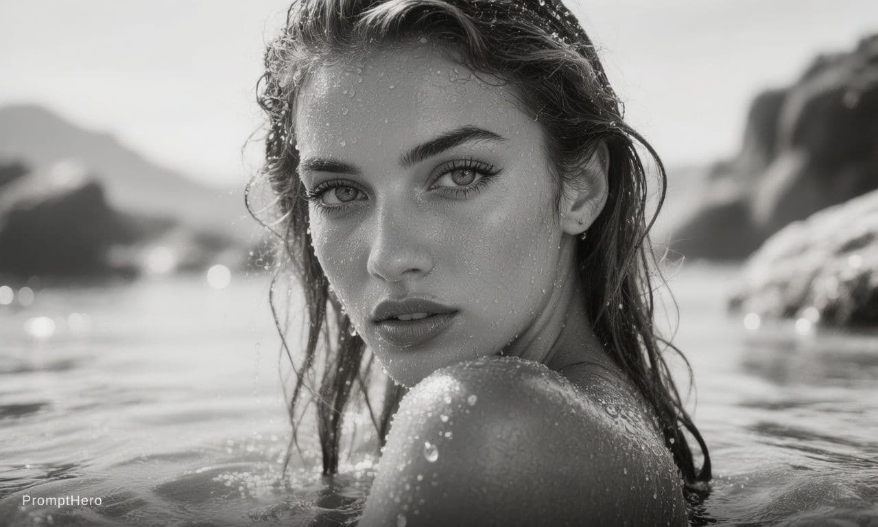 AI generated: photo of a woman in the water, black and white with pops of color, frameless, freya, droplets, magaz...