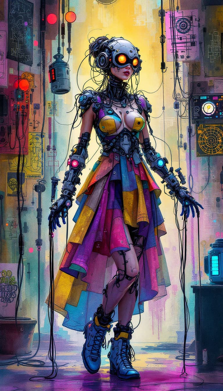 AI generated: Conceptual design: Cybernetic Puppeteer from the Marionette Collective. This intriguing graffiti-pun...