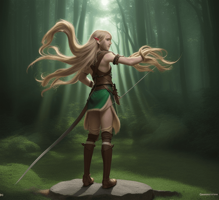 AI generated: high detailed professional full body photo in dynamic pose of a young half-elf archer seen from behi...
