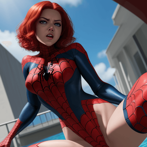 AI generated: Spider-girl wearing a bikini red, ojos azules, semi desnuda, piscina
