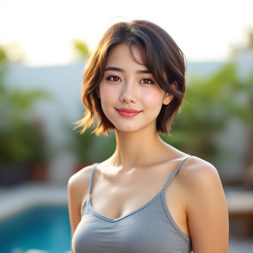AI generated: A portrait of a young woman with short dark brown hair, wearing a grey spaghetti-strap top, standing...