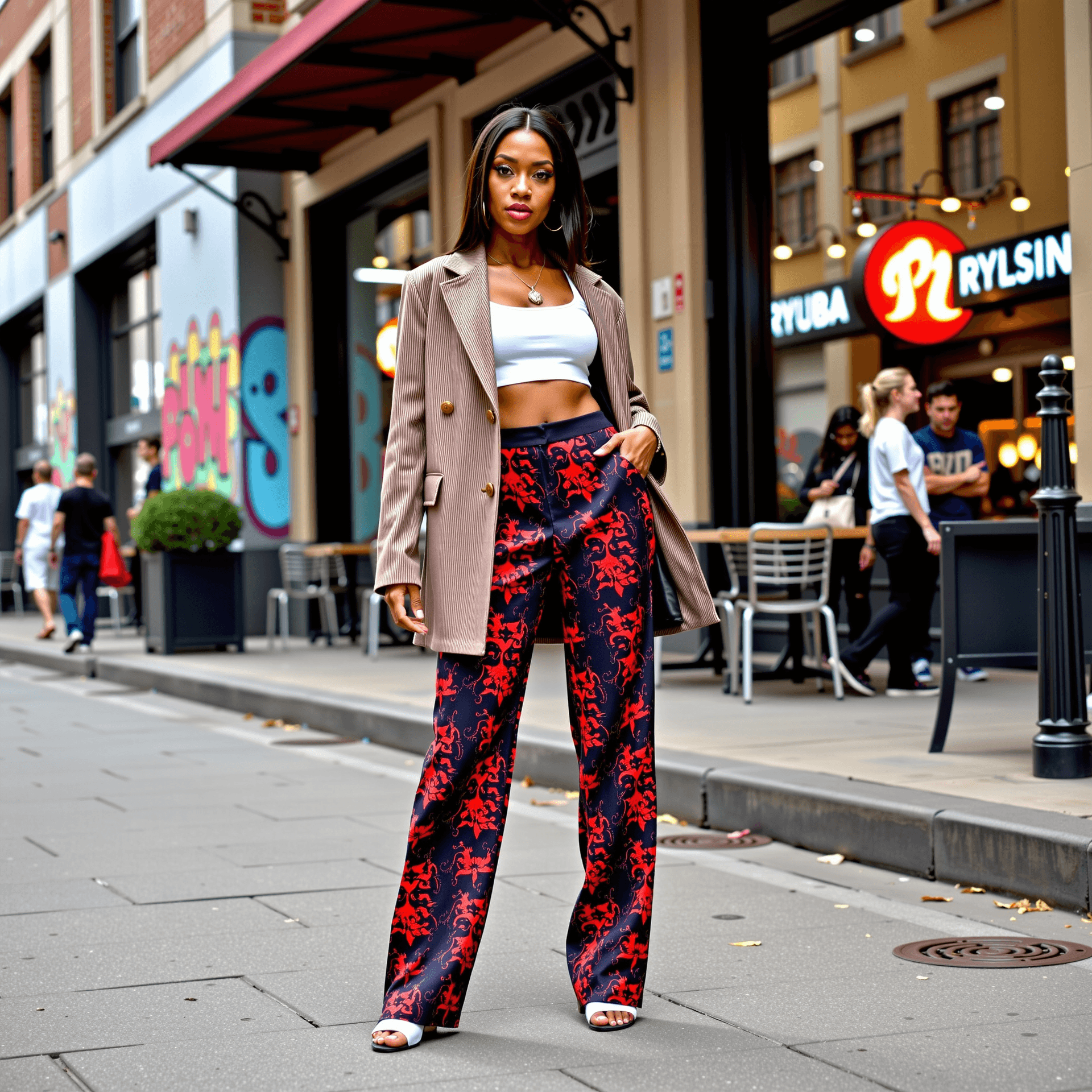AI generated: A black woman wearing high fashion streetwear, standing confidently on an urban street. Her outfit i...