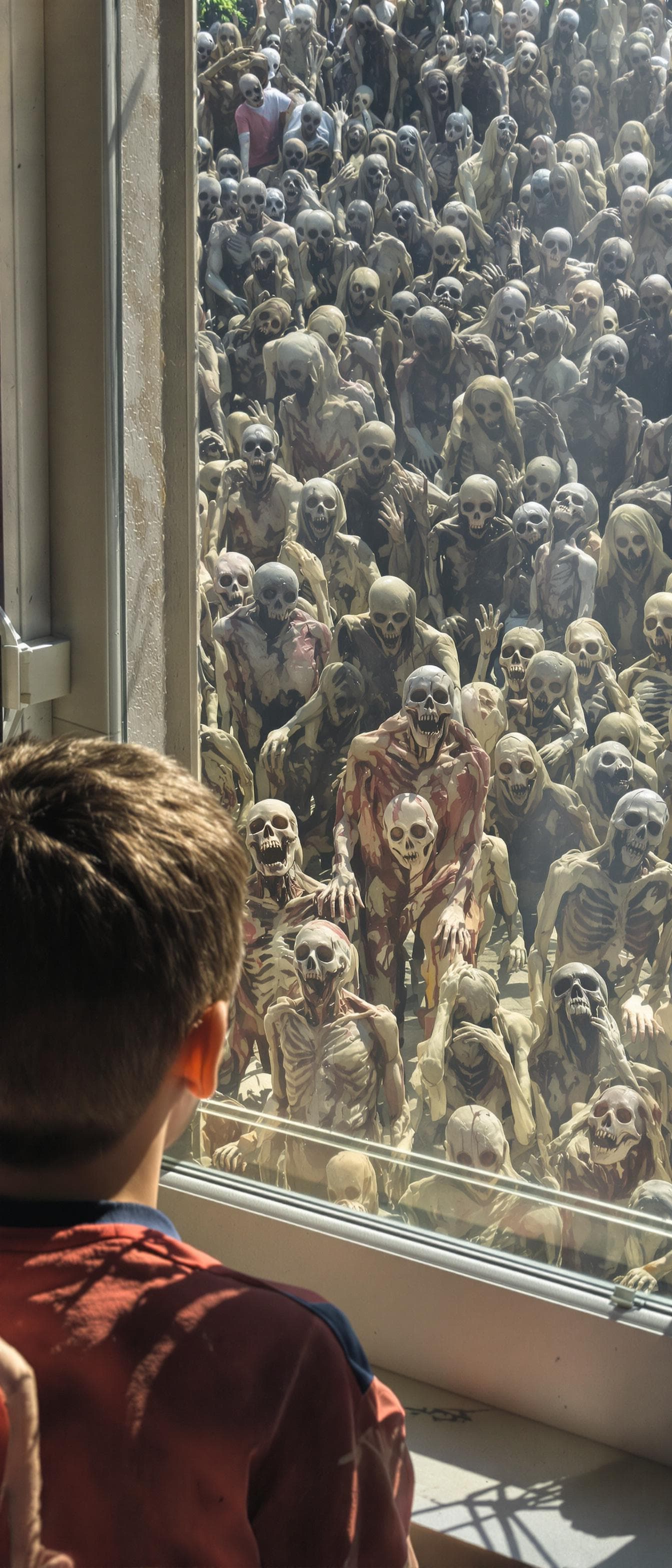 AI generated: A boy looking from a window at daylight and sees many walking dead people . Their body are fleshy  ....