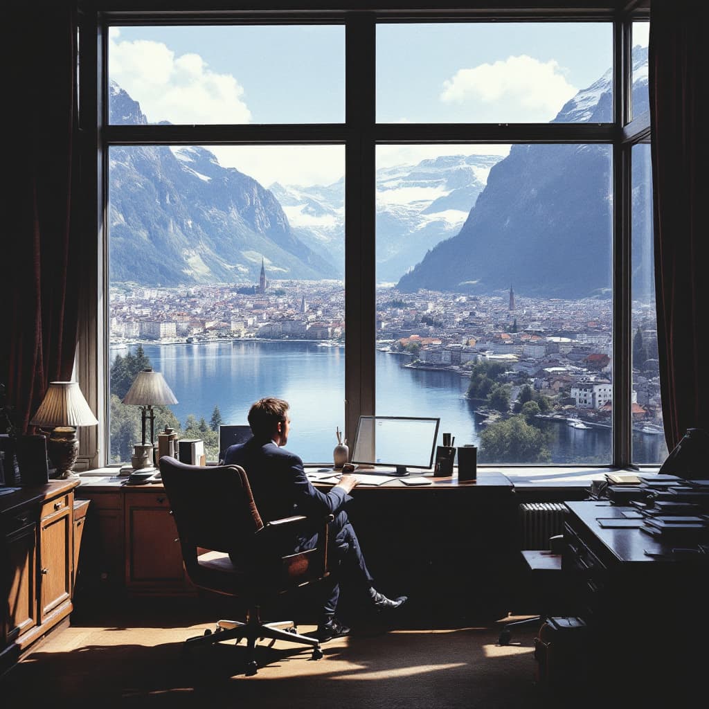 AI generated: An office of a Swiss executive in the early eighties, sitting at his desk with large windows overloo...