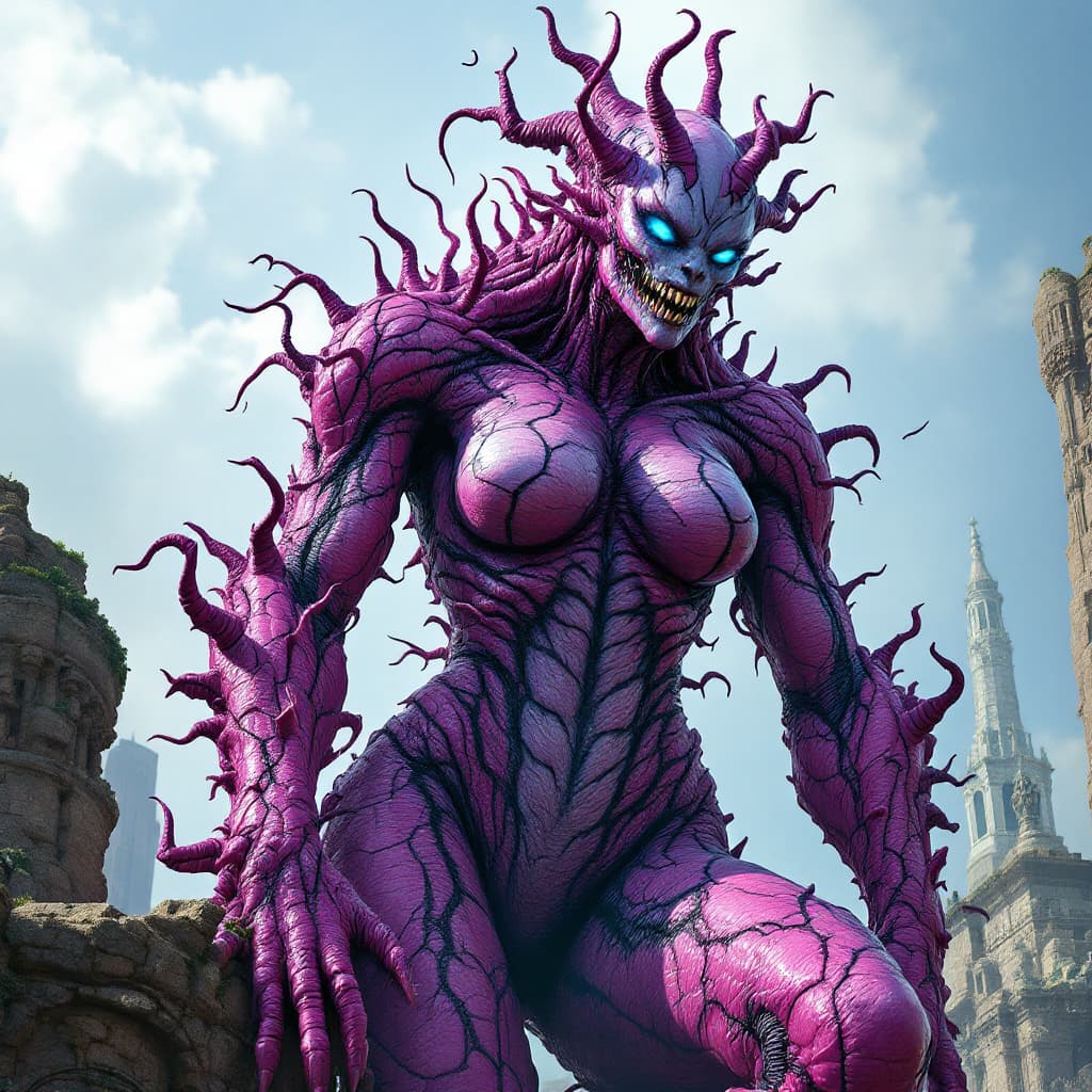 AI generated: A monstrous, giant version of the female villain inspired by Cell, towering over the landscape. Her ...