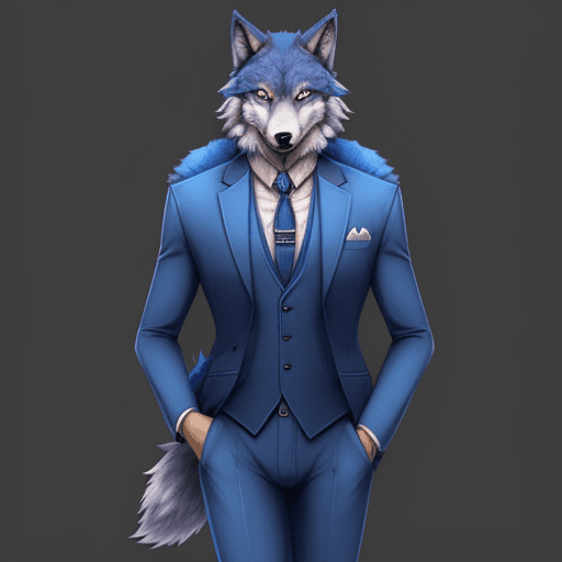 AI generated: furry, fursona, anthro, blue fur, wolf male, anthropomorphic, suit