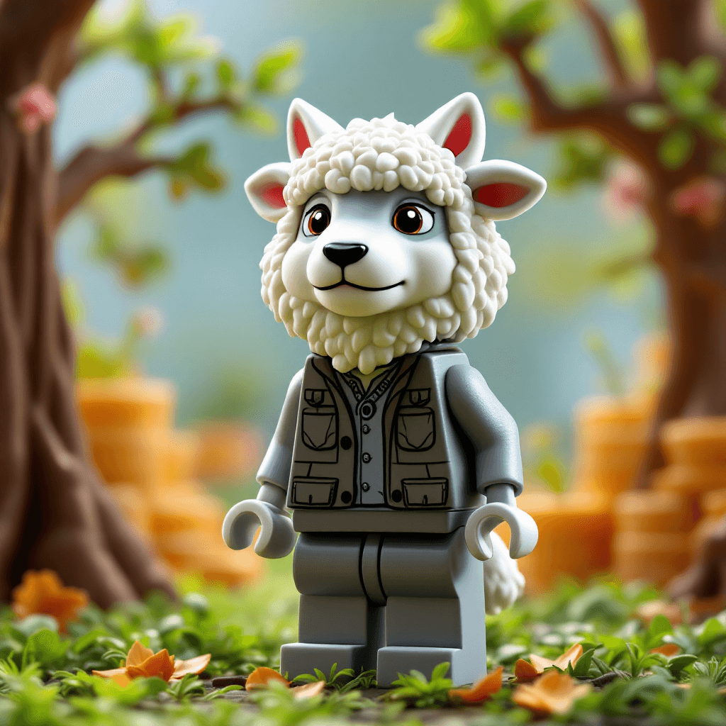 AI generated: Create a quasi real scene of a sheep in wolf clothing lego brick 3D cartoon style