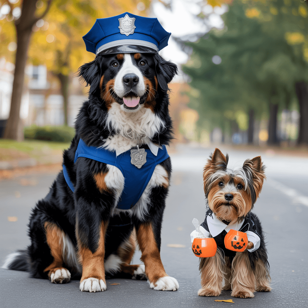 AI generated: Create a highly detailed photograph of a much bigger Bernese Mountain Dog and a Yorkshire terrier dr...