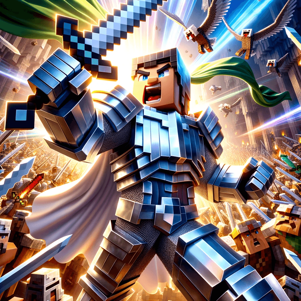 AI generated: Illustration of a Minecraft hero, gleaming in polished steel armor, amidst a chaotic medieval war. H...