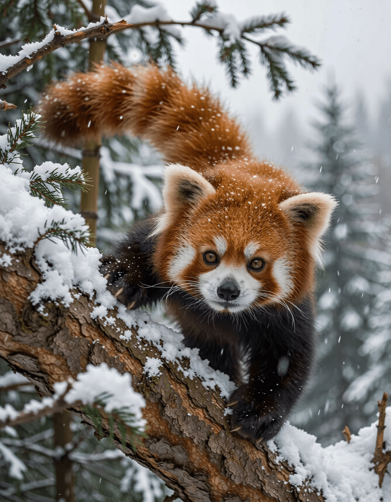 AI generated: Extreme close-up action shot of a majestic red panda climbing down a snow-covered tree branch, fluff...