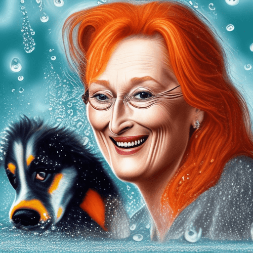 AI generated: Meryl Streep with orange hair, a limon dog beside her, in a rainy day of milk drops
