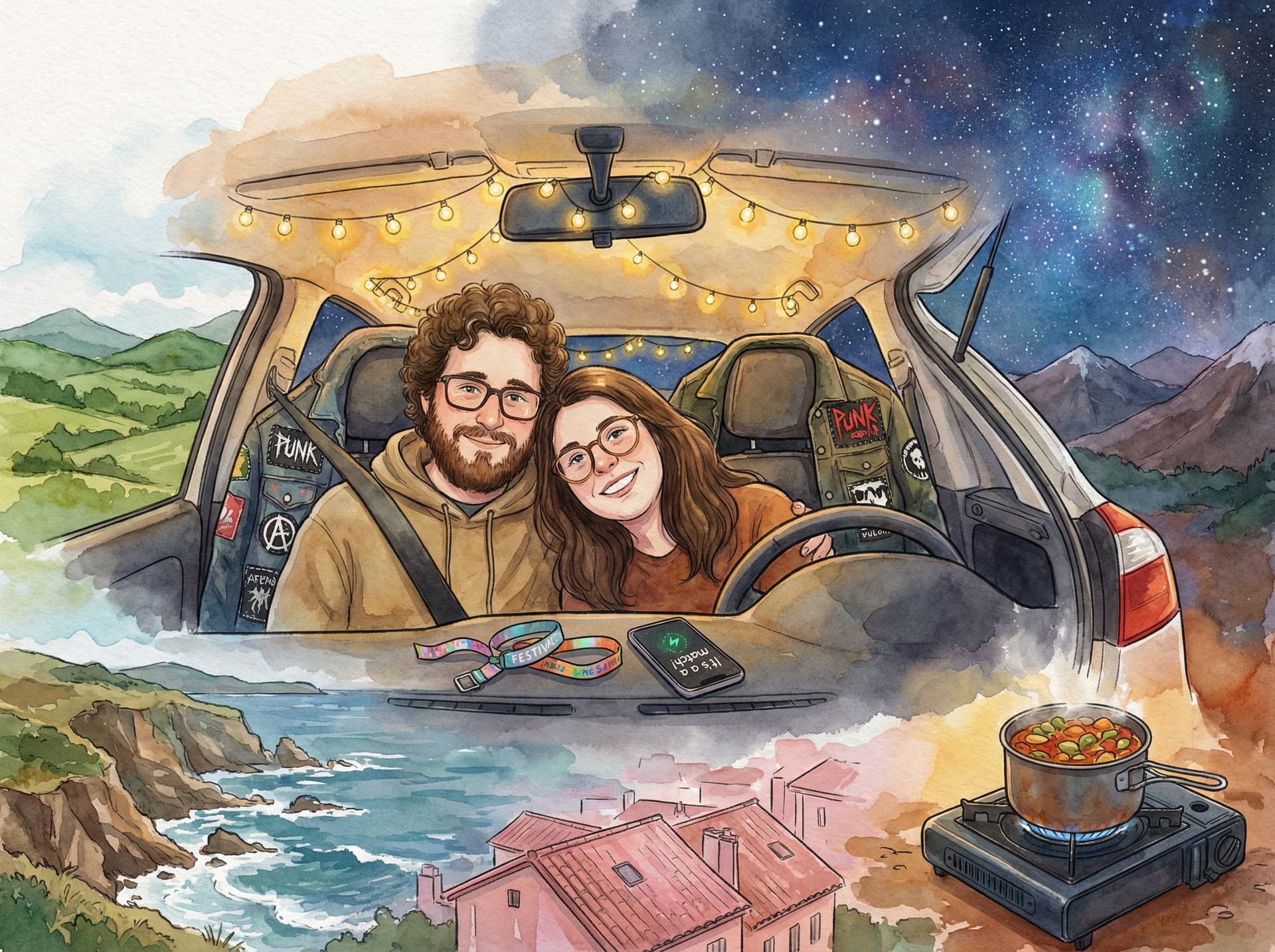 AI generated: A heartfelt, dreamy illustration celebrating a couple’s 2-year anniversary. A vegetarian couple shar...