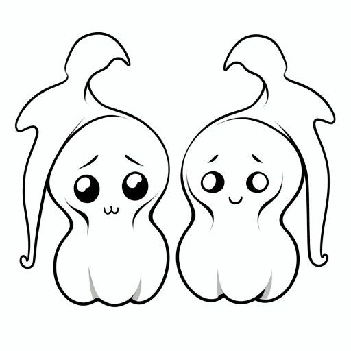 AI generated: plain image, line art, fit canvas, white background, cartoon Halloween two cute baby ghosts, colorin...