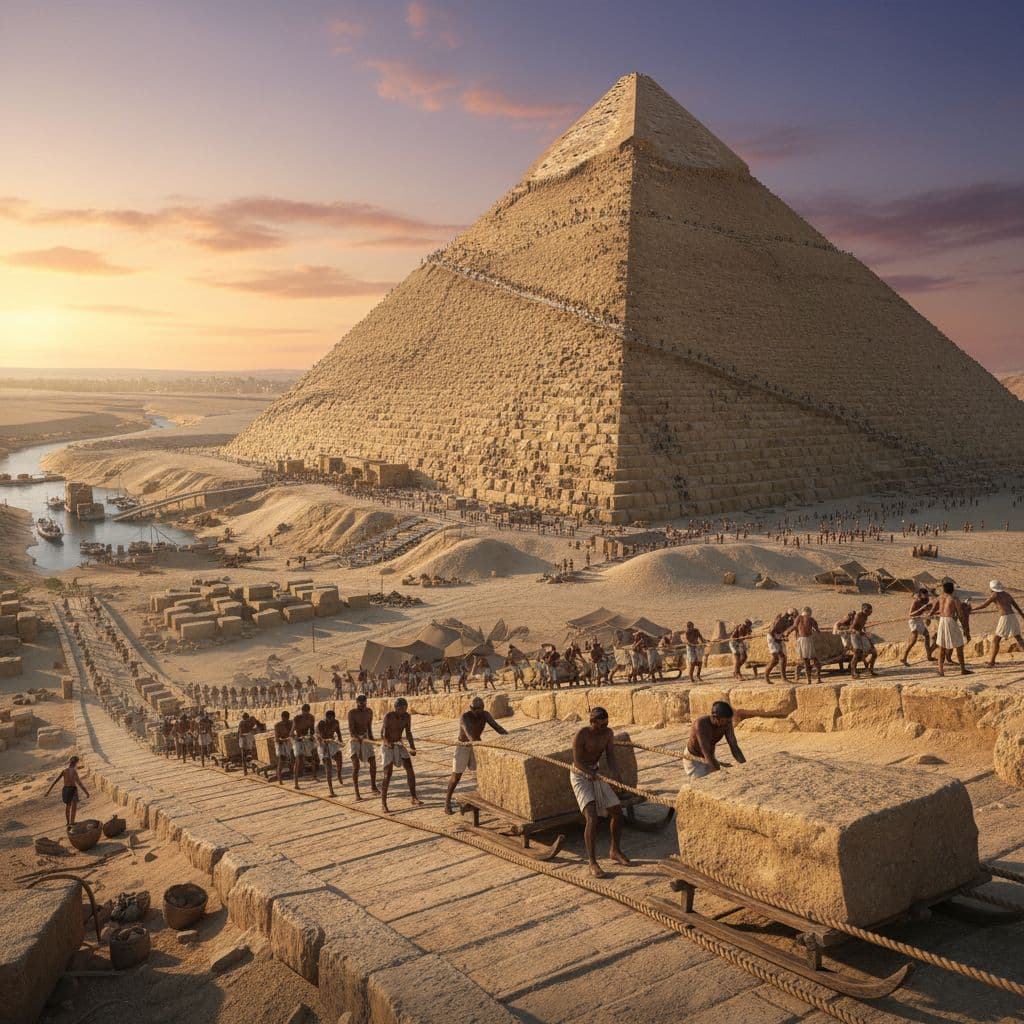 AI generated: Ultra-realistic 3D scene of the Great Pyramid of Giza under construction, workers hauling massive st...