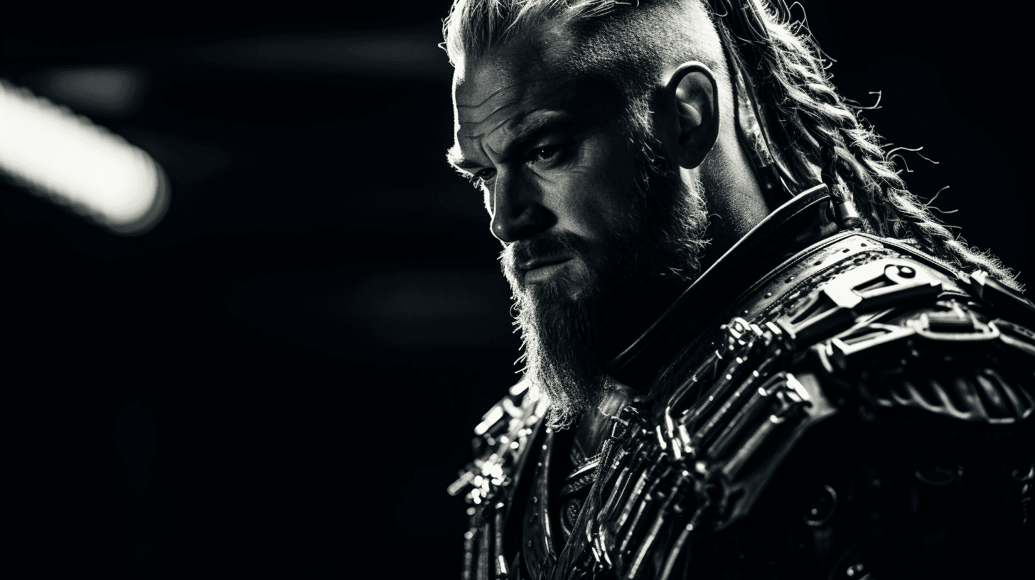 AI generated: Hafthor Bjornsson as a cyberpunk gladiator, 16-35mm lens, f/1.8, global illumination, natural light,...