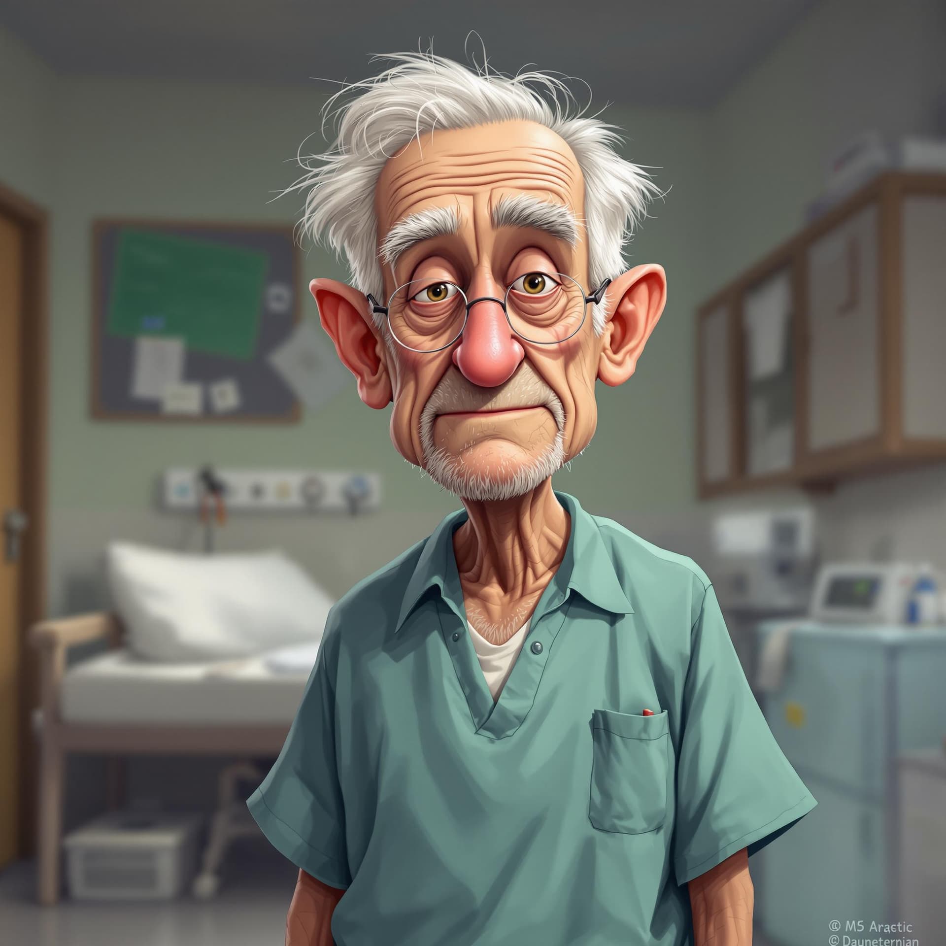 AI generated: Realistic caricature of an old and gray-haired patient in hospital clothes in a psychiatric clinic

...