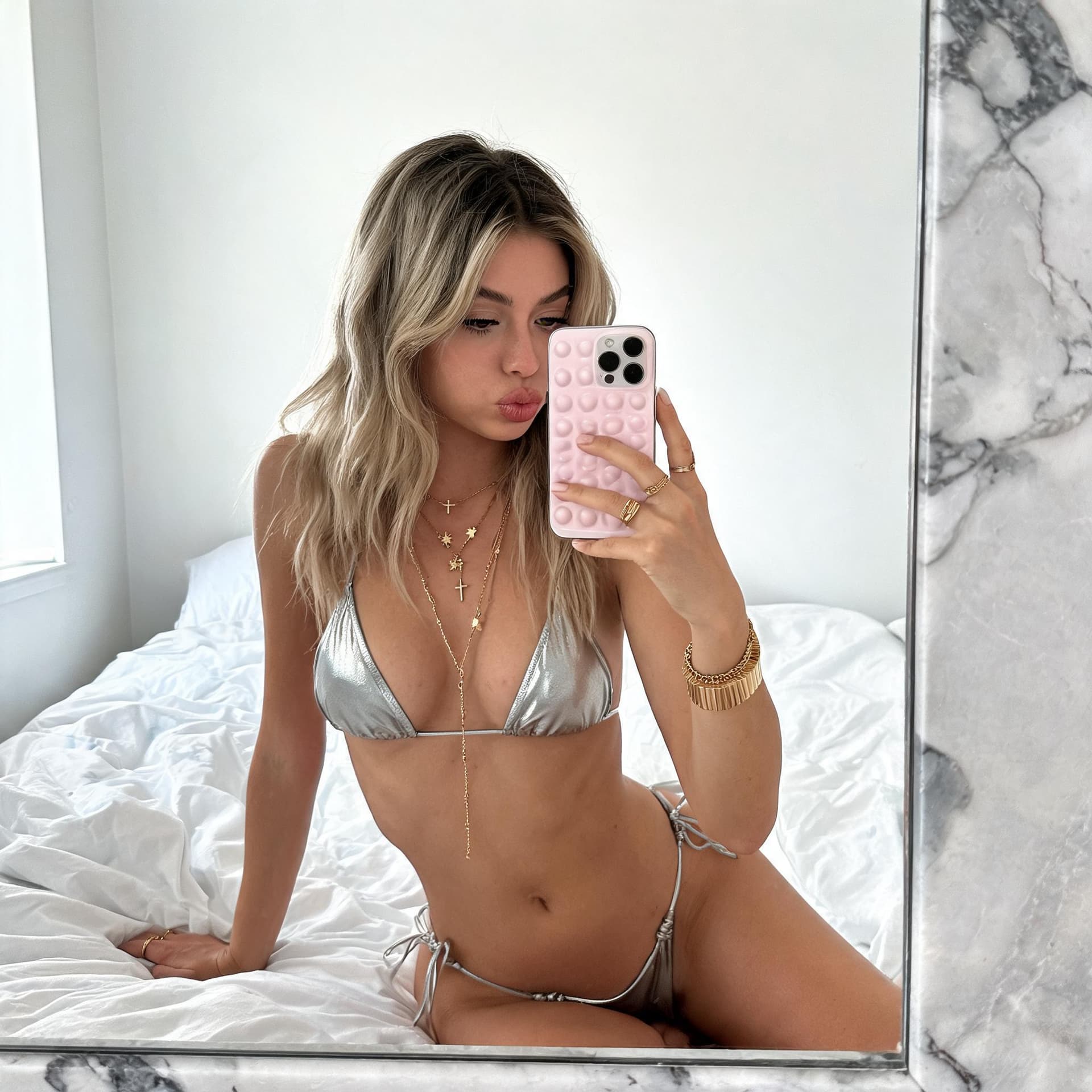 AI generated: "Photorealistic mirror selfie of my exact young adult female model (21+), strict visual fidelity to ...