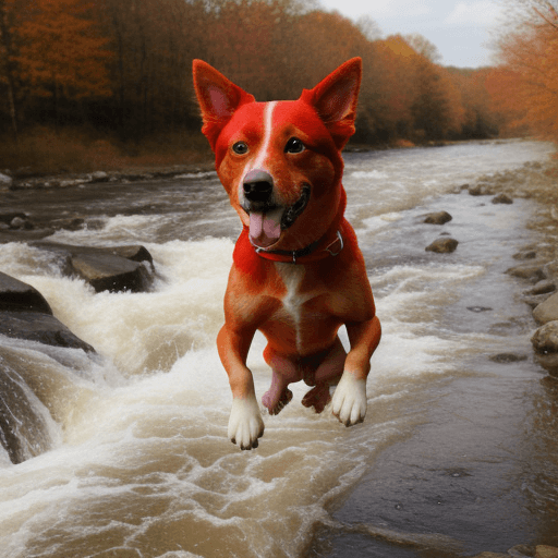 AI generated: dog with red hair jumping a river