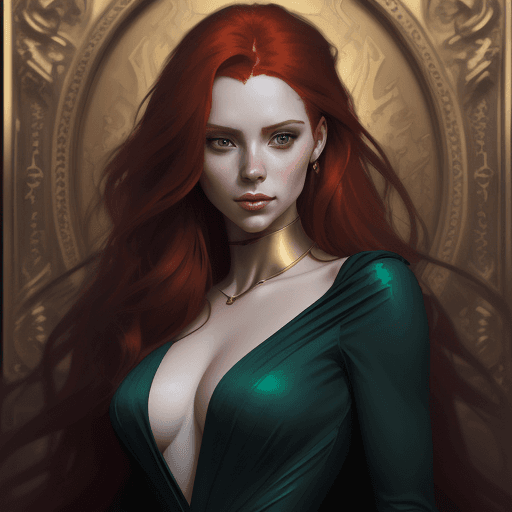 AI generated: a woman with long red hair in a gold painting, in the style of charlie bowater, dark blue and dark g...