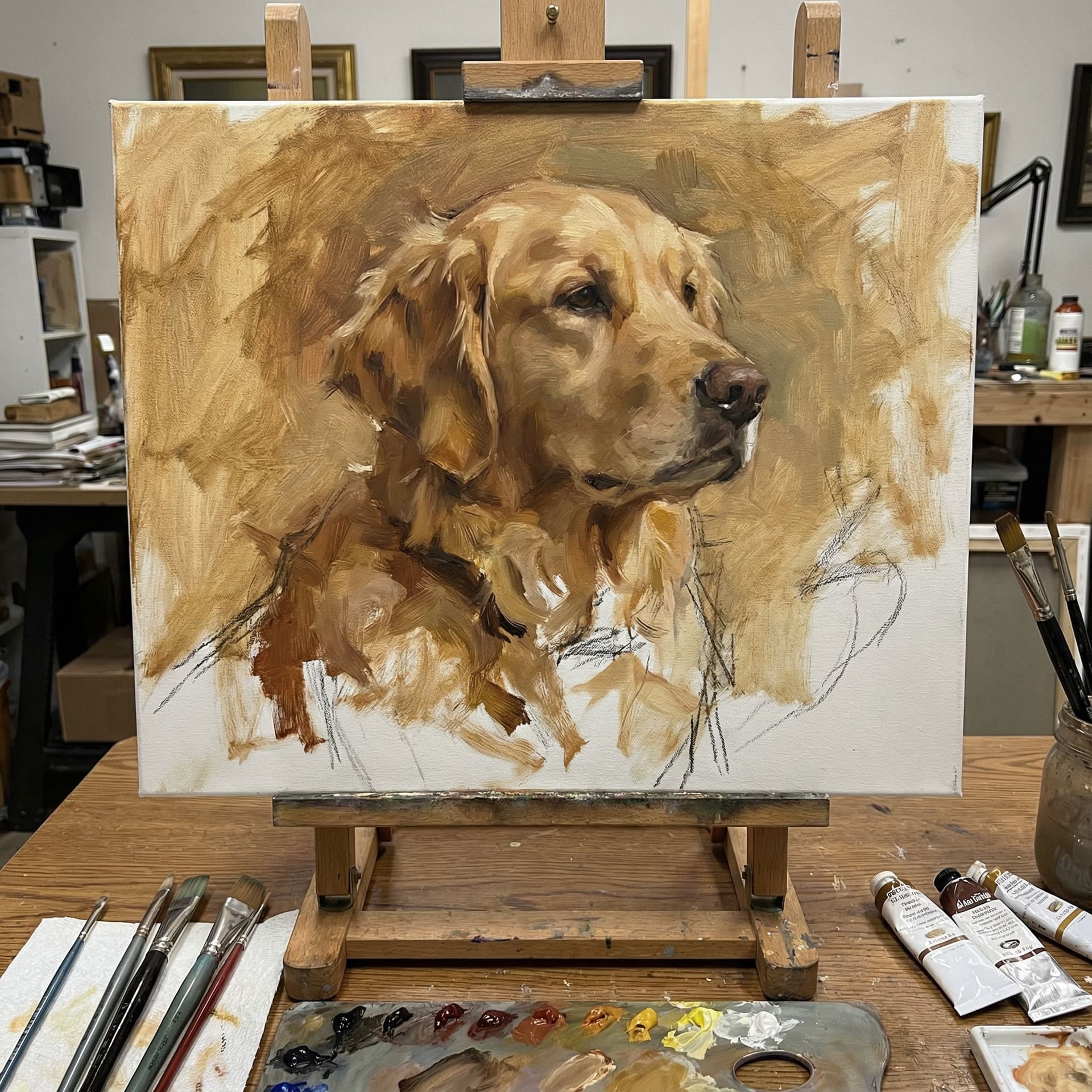 AI generated: Unfinished, incomplete Portrait of a Golden retriever in the style of Scott K. Bowlinger