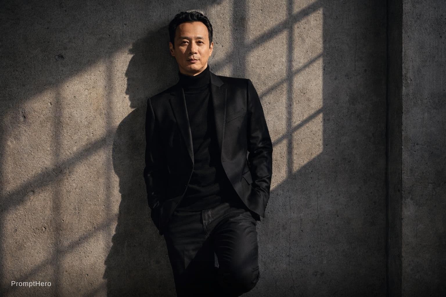 AI generated: this as A man in a tailored black
blazer and turtleneck stands against a
concrete wall. One foot u...